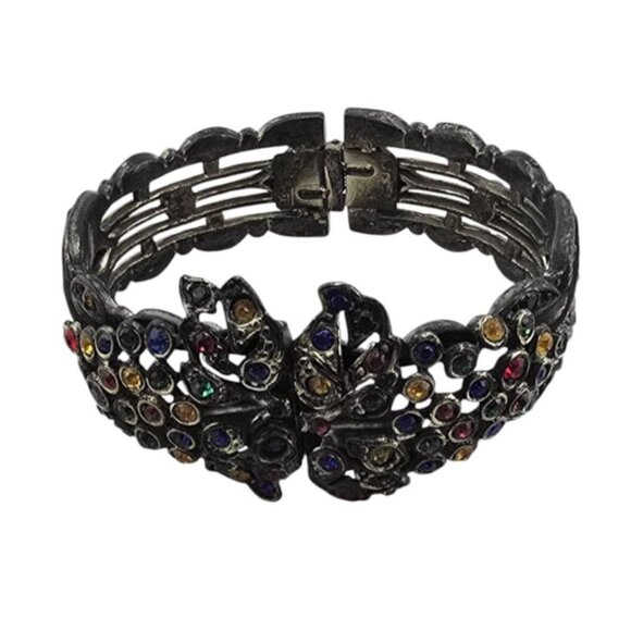 Antique Czech Style Pot Metal Rhinestone Hinged Bangle Bracelet (A1986) - Picture 1 of 6